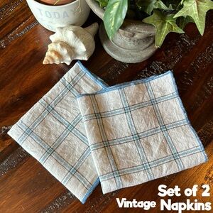 Set of 2 Vintage Napkins-Nubby Cotton-Plaid-White/Blue/Black